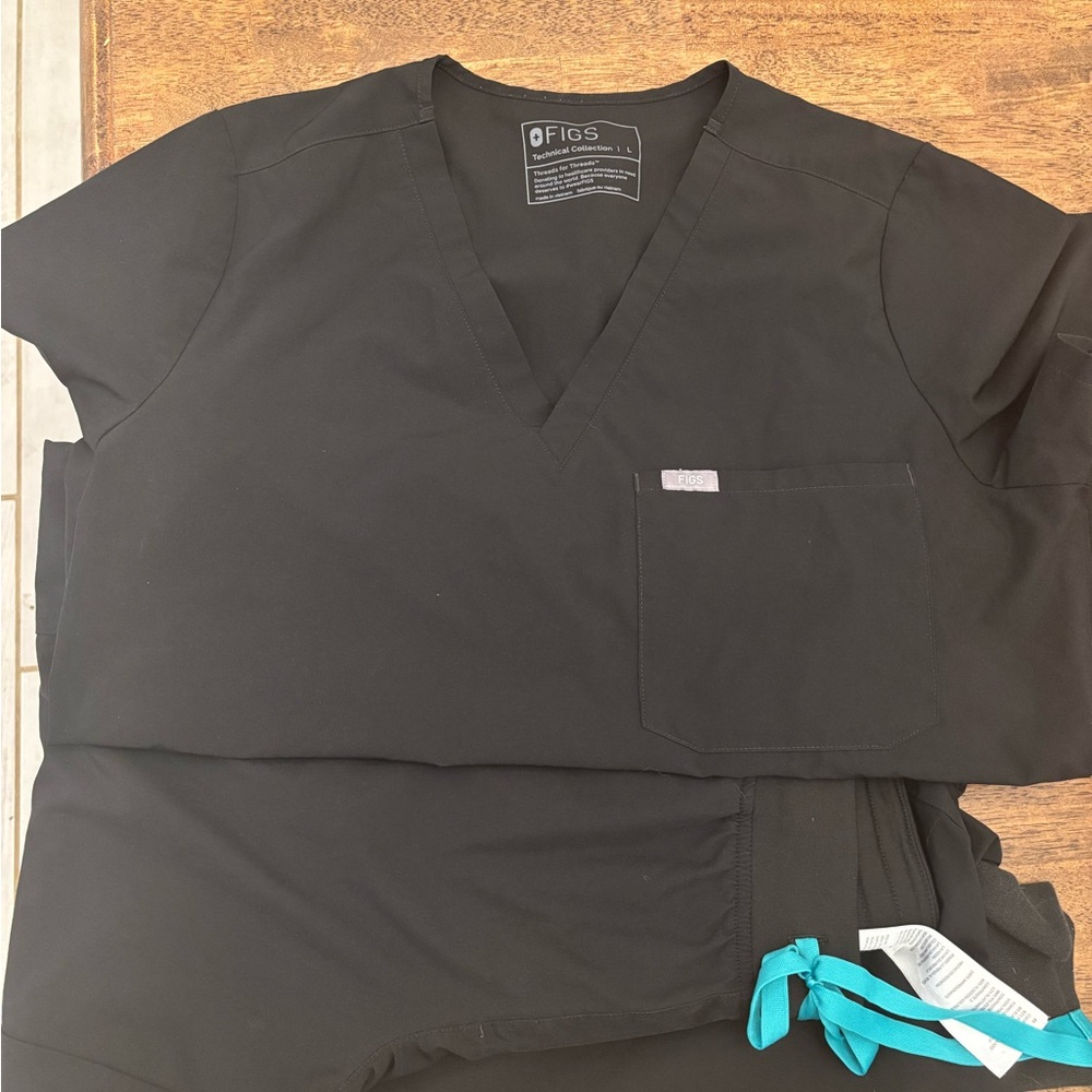 Figs Black Scrub Top and Pants with Teal Accents